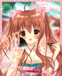 Rule 34 | 1girl, 2017, :d, absurdres, ahoge, aloe (quiz magic academy), animal ears, blush, breasts, brown eyes, brown hair, calligraphy brush, cat ears, commentary request, fingernails, floral print, funakoshi, hair between eyes, happy birthday, happy new year, head tilt, highres, holding, holding brush, ink, japanese clothes, kimono, long hair, long sleeves, looking at viewer, medium breasts, new year, obi, open mouth, paintbrush, print kimono, quiz magic academy, sash, sidelocks, smile, solo, wide sleeves, yellow kimono