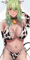 Rule 34 | 1girl, absurdres, animal print, antlers, bad id, bad pixiv id, bell, bikini, black choker, branch, breasts, ceres fauna, choker, cow print, cow print bikini, cowbell, earrings, edmun6969, elbow gloves, flower, gloves, green hair, groin, hair between eyes, hair flower, hair ornament, highres, hololive, hololive english, horns, jewelry, large breasts, leaf, long hair, looking at viewer, mole, mole on breast, mole under eye, navel, neck bell, parted lips, print bikini, print gloves, side-tie bikini bottom, sitting, solo, stomach, swimsuit, virtual youtuber, wavy hair, white flower, yellow eyes