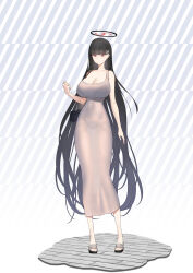 Rule 34 | 1girl, bag, bare shoulders, black hair, blue archive, blunt bangs, breasts, bunpil, cleavage, covered navel, dress, full body, hair ornament, hairclip, halo, handbag, highres, large breasts, long dress, long hair, looking at viewer, pink dress, red eyes, rio (blue archive), sandals, skin tight, solo, standing, strap gap, very long hair