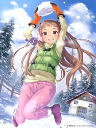Rule 34 | 1girl, amakusa rin, breath, brown hair, gloves, green eyes, grin, ilog, jumping, long hair, looking at viewer, occhan (11715), official art, pants, smile, snow, snowing, solo, steam, sweater, track pants, vest
