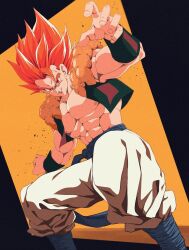 Rule 34 | 1boy, abs, baggy pants, biceps, black background, blue sash, bracer, bure (fantasticyouth7), collarbone, commentary request, dragon ball, dragon ball super, feet out of frame, gogeta, hair between eyes, highres, looking at viewer, male focus, metamoran vest, muscular, muscular male, open clothes, open vest, orange background, pants, parted lips, pectorals, red eyes, red hair, sash, simple background, smile, smirk, solo, spiked hair, standing, super saiyan, super saiyan god, two-tone background, v-shaped eyebrows, vest, white pants