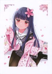 Rule 34 | 1girl, absurdres, black footwear, black hair, black pantyhose, black serafuku, black shirt, black skirt, blunt bangs, blush, cherry blossoms, closed mouth, eluthel, floral print, flower, hair flower, hair ornament, highres, idolmaster, idolmaster cinderella girls, japanese clothes, kimono, loafers, long hair, long sleeves, looking at viewer, neckerchief, non-web source, pantyhose, petals, pink flower, pink kimono, pleated skirt, red eyes, sailor collar, sajo yukimi, scan, school uniform, serafuku, shirt, shoes, sitting, skirt, sleeves past wrists, smile, solo, white background, white neckerchief, white sailor collar