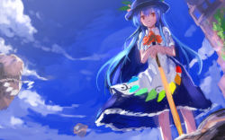Rule 34 | 1girl, :o, amamitsu kousuke, apron, ascot, bad id, bad pixiv id, blouse, blue background, blue dress, blue hair, blue sky, building, day, dress, floating rock, food, from below, fruit, hat, hinanawi tenshi, leaf, long hair, looking at viewer, open mouth, peach, rainbow order, red eyes, rock, scarlet weather rhapsody, shirt, short sleeves, sky, solo, sword of hisou, touhou, tower