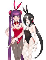 Rule 34 | 2girls, absurdly long hair, animal ears, areola slip, bad id, bad twitter id, bare shoulders, black hair, black leotard, blue eyes, blunt bangs, breasts, brown eyes, bun cover, cleavage, covered navel, detached collar, double bun, fake animal ears, fishnet pantyhose, fishnets, folding fan, genderswap, genderswap (mtf), gluteal fold, grey legwear, hair bun, hair ornament, hand fan, highres, lady bat, lanhua, large breasts, leotard, long hair, looking at viewer, low ponytail, mermaid melody pichi pichi pitch, multiple girls, ohisashiburi, open mouth, pantyhose, parted lips, playboy bunny, pointy ears, purple hair, rabbit ears, red leotard, simple background, small breasts, twintails, very long hair, white background, wrist cuffs