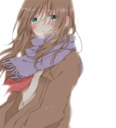 Rule 34 | 1girl, blue eyes, blush, brown hair, hiro (hirohiro31), jacket, long hair, looking at viewer, original, scarf, solo, upper body, white background, wind