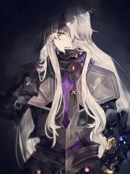 Rule 34 | 1boy, armor, fate/requiem, fate (series), galahad (fate), galahad alter, hair over one eye, long hair, male focus, mira (34mipipi), parted lips, solo, upper body, white hair, yellow eyes