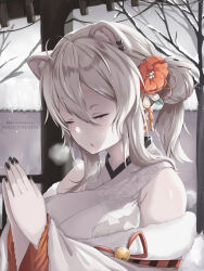 Rule 34 | 1girl, ahoge, animal ears, bare shoulders, black nails, breasts, breath, closed eyes, cold, double bun, ear piercing, floral print, flower, from side, fur-trimmed kimono, fur trim, grey eyes, grey hair, hair between eyes, hair bun, hair flower, hair ornament, hatsumoude, highres, hololive, japanese clothes, kanzashi, kimono, large breasts, lion ears, long hair, mr.canaryy, nail polish, new year, off shoulder, official alternate costume, official alternate hairstyle, open mouth, outdoors, own hands clasped, own hands together, piercing, pixiv id, praying, print kimono, shishiro botan, shishiro botan (new year), shrine, sleeveless, sleeveless kimono, snow, solo, twintails, twitter username, upper body, virtual youtuber, white kimono