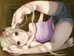Rule 34 | 1girl, bad id, bad pixiv id, bare arms, barefoot, box, brown eyes, camisole, dokipara, feet, full body, hair ribbon, in box, in container, legs, light brown hair, looking at viewer, navel, original, ribbon, short shorts, shorts, sleeveless, soles, solo, strap slip, toes, yoropa