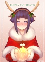 Rule 34 | 1girl, absurdres, animal ears, blush, bright pupils, capelet, christmas, closed mouth, commentary, deer ears, english commentary, fake animal ears, fake antlers, fur-trimmed capelet, fur collar, fur trim, gift art, hairband, happy holidays, highres, holding, hyuuga hinata, looking at viewer, naruto, naruto (series), own hands together, pom pom (clothes), purple eyes, purple hair, red capelet, short hair, signature, smile, solo, star (symbol), temachii, upper body, white pupils