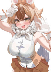 Rule 34 | 1girl, animal ear fluff, animal ears, arms up, blush, bra visible through clothes, breasts, button gap, claw pose, commentary request, dhole (kemono friends), dog ears, dog girl, dog tail, fur collar, gloves, highres, kemono friends, large breasts, light brown hair, looking at viewer, miyuma, multicolored hair, open mouth, pleated skirt, shirt, skirt, sleeveless, sleeveless shirt, smile, solo, tail, two-tone hair, two-tone shirt, white background, white gloves
