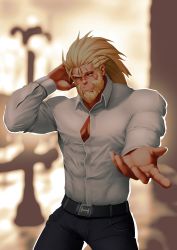 Rule 34 | 1boy, alternate costume, bara, beard, beckoning, biguncle, black pants, blonde hair, blurry, blurry background, bursting pectorals, bwanga, collared shirt, come hither, contemporary, covered abs, dungeon and fighter, embarrassed, facial hair, feet out of frame, formal, hand on own head, highres, large pectorals, long hair, long sleeves, male focus, mature male, muscular, muscular male, outstretched hand, pants, partially unbuttoned, pectoral cleavage, pectorals, reaching, reaching towards viewer, salaryman, scar, scar across eye, scar on face, scar on nose, shirt, solo, taut clothes, taut shirt, white shirt