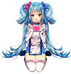 Rule 34 | 1girl, :d, bad id, bad pixiv id, blue bow, blue hair, blush, boots, bow, breasts, choker, cleavage, collarbone, elbow gloves, frills, full body, gambe, gloves, hair bow, head tilt, heart, long hair, looking at viewer, open mouth, original, pink bow, pink eyes, seiza, simple background, sitting, smile, solo, thighhighs, twintails, very long hair, white background, white gloves, white thighhighs