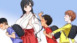 Rule 34 | 1girl, 3boys, age difference, black hair, blush, breasts, child, huge breasts, iwato kasumi, japanese clothes, large breasts, long hair, miko, multiple boys, pole (ppp1409), saki (manga)