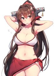 Rule 34 | 10s, 1girl, armpits, arms behind head, bikini, blush, breasts, brown hair, cleavage, collarbone, embarrassed, eyebrows, flower, flying sweatdrops, groin, hair flower, hair ornament, headgear, highres, kantai collection, large breasts, long hair, looking away, looking to the side, navel, open mouth, sarong, simple background, solo, soukou makura, stomach, sweatdrop, swimsuit, white background, white bikini, yamato (kancolle)