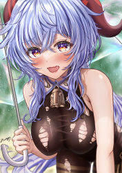 Rule 34 | 1girl, absurdres, bare arms, bell, bent over, black legwear, blue hair, blush, bodystocking, bodysuit, breasts, curled horns, ganyu (genshin impact), genshin impact, hanging breasts, highres, holding, holding umbrella, horns, large breasts, leaning forward, long hair, looking at viewer, multicolored eyes, neck bell, no gloves, nori chazuke, nose blush, open mouth, rain, saliva, saliva trail, sidelocks, signature, sleeveless, solo, standing, thigh gap, thighlet, torn bodystocking, torn bodysuit, torn clothes, transparent, transparent umbrella, umbrella, wavy mouth, wet