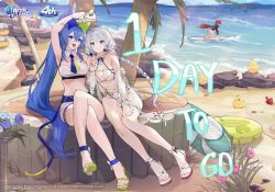Rule 34 | 3girls, anniversary, arm around shoulder, arm up, armpits, avrora (azur lane), azur lane, bamboo, bare legs, beach, bibimbub, bikini, black jacket, black one-piece swimsuit, blue eyes, blue hair, blue necktie, blue ribbon, blush, braid, breasts, cellphone, cleavage, closed mouth, commentary, copyright name, countdown, crab, crossed legs, day, detached collar, english commentary, fingerless gloves, flower, full body, gloves, hair ribbon, holding, holding phone, innertube, jacket, logo, long hair, manjuu (azur lane), medium breasts, multicolored hair, multiple girls, navel, necktie, new jersey (azur lane), o-ring, o-ring bikini, ocean, off shoulder, official alternate costume, official art, one-piece swimsuit, open clothes, open jacket, open mouth, outdoors, palm tree, phone, ponytail, red footwear, red hair, ribbon, rock, sandals, second-party source, see-through, see-through jacket, selfie, short hair, sitting, smartphone, smile, starfish, stomach, streaked hair, surfboard, surfing, swim ring, swimsuit, thigh strap, thighs, tree, twin braids, twintails, two-tone hair, two-tone necktie, two-tone ribbon, v, very long hair, watermark, weser (azur lane), weser (wave-washed paradise) (azur lane), white bikini, white gloves, white hair, wing collar, yellow footwear, yellow necktie, yellow ribbon