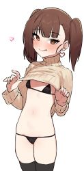 Rule 34 | 1girl, beige sweater, bikini, black bikini, black thighhighs, blush, brown eyes, brown hair, closed mouth, clothes lift, cowboy shot, earrings, heart, heart earrings, highres, jewelry, lifting own clothes, long sleeves, looking at viewer, original, simple background, smile, solo, suisogenshi, sweater, sweater lift, swimsuit, thighhighs, twintails, white background