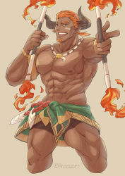 Rule 34 | 1boy, abs, anntee, bara, bare pectorals, blush, cropped legs, dark-skinned male, dark skin, draph, facial hair, fire, goatee, granblue fantasy, highres, lantana (granblue fantasy), large pectorals, male focus, male pubic hair, mature male, muscular, muscular male, navel, necklace, nipples, nude, pectorals, pointy ears, precum, pubic hair, short hair, smile, solo, stomach, thick thighs, thighs, tooth necklace, tribal