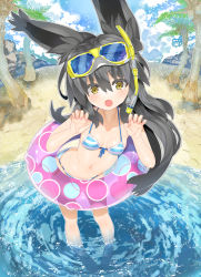 Rule 34 | 1girl, animal ears, bikini, black hair, breasts, char, cleavage, collarbone, goggles, goggles on head, highres, innertube, long hair, looking at viewer, nail polish, navel, necro-san, open mouth, original, palm tree, pink nails, snorkel, solo, striped bikini, striped clothes, swim ring, swimsuit, tree, wading, yellow eyes