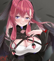 Rule 34 | 1girl, :q, absurdres, asymmetrical hair, black dress, black wings, braid, braided bangs, breasts, cleavage, covered navel, dress, earrings, framed breasts, french braid, hand on own chest, head wings, highres, jewelry, konkon aria, large breasts, long hair, long sleeves, looking at viewer, low-tied sidelocks, multicolored hair, multiple wings, mussan, neo-porte, pink hair, purple eyes, red hair, red nails, shirt, solo, streaked hair, tongue, tongue out, virtual youtuber, white shirt, wings