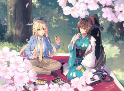 Rule 34 | 2girls, :o, alternate costume, artist name, blanket, blazer, blue jacket, blush, breasts, brown eyes, brown hair, cherry blossoms, dappled sunlight, dated, food request, hair between eyes, himeyamato, iowa (kancolle), jacket, japanese clothes, kantai collection, kimono, large breasts, long hair, multiple girls, multiple views, necktie, no shoes, obi, pants, petals, ponytail, rigging, sash, seiza, shirt, sitting, smile, sunlight, torn clothes, torn pants, tree, very long hair, white shirt, wide sleeves, yamato (kancolle), yellow necktie