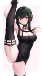 Rule 34 | 1girl, absurdres, armpits, bare shoulders, black dress, black gloves, black hair, black panties, blush, boots, breasts, choker, cleavage, closed mouth, covered navel, dress, fingerless gloves, flower, gloves, hair flower, hair ornament, hairband, highres, leg up, looking at viewer, medium breasts, mixiguo 1205, panties, red eyes, rose, short dress, simple background, sleeveless, sleeveless dress, smile, solo, split, spy x family, standing, standing on one leg, standing split, thigh boots, thighhighs, underwear, white background, yor briar