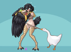 Rule 34 | 1girl, animal, bare shoulders, bird, bird legs, bird tail, black hair, black wings, blue background, blue eyes, blush, commentary, dark souls (series), dark souls iii, embarrassed, english commentary, feathered wings, feathers, flying sweatdrops, gem, goose, goose (untitled goose game), hair between eyes, harpy, holding, limebreaker, midriff, monster girl, open mouth, panties, panty pull, personification, pickle pee pump-a-rum crow, rags, short hair, simple background, tail, talons, tankard, underwear, untitled goose game, winged arms, wings