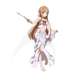 Rule 34 | 10s, 1girl, asuna (sao), barefoot, brown eyes, brown hair, feet, full body, highres, holding, long hair, midriff, navel, official art, pointy ears, simple background, smile, solo, sword art online, sword art online: code register, titania (sao), toes, white background