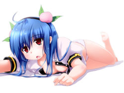 Rule 34 | 1girl, ahoge, alternate headwear, bare legs, barefoot, blouse, blue hair, breast padding, breasts, chestnut mouth, female focus, food, fruit, hairband, hinanawi tenshi, leaf, leg up, long hair, lying, medium breasts, nipples, no bra, no headwear, no pants, on stomach, open clothes, open mouth, open shirt, panties, peach, puffy sleeves, red eyes, shadow, shirt, simple background, solo, touhou, tsubasa (abchipika), underwear, white background