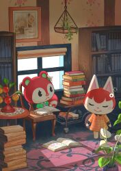 Rule 34 | 2girls, absurdres, animal crossing, anthurium, blush, blush stickers, book, book stack, bookshelf, cat girl, chair, closed eyes, closed mouth, collared dress, collared shirt, commentary request, dress, ear ornament, eyelashes, felicity (animal crossing), flower, frown, furry, furry female, green shirt, hanging plant, highres, indoors, long sleeves, looking at another, multiple girls, nintendo, open book, orange dress, picture frame, plant, poppy (animal crossing), potted plant, rug, senrotou, shirt, short sleeves, sitting, squirrel girl, standing, table, white flower, window