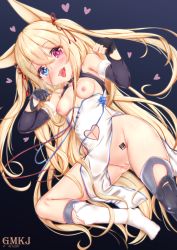 Rule 34 | 1girl, ahegao, animal ears, barcode, barcode tattoo, bare shoulders, blonde hair, blue eyes, blunt bangs, blush, breasts, center opening, china dress, chinese clothes, clothing cutout, collar, dress, fingerless gloves, g41 (girls&#039; frontline), girls&#039; frontline, gloves, gmkj, hair ribbon, heart, heart background, heterochromia, kneehighs, long hair, looking at viewer, navel, navel cutout, open mouth, over-kneehighs, panties, paw pose, pussy, pussy juice, red eyes, ribbon, sleeveless, sleeveless dress, small breasts, socks, sweat, tattoo, thighhighs, tongue, tongue out, twintails, uncensored, underwear, very long hair