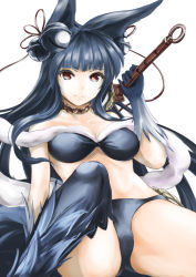 Rule 34 | 10s, 1girl, animal ears, bell, bikini, black bikini, blue hair, chain, chain necklace, erune, fox ears, gloves, granblue fantasy, hagoromo, hair bell, hair ornament, jewelry, kz nagomiya, long hair, looking at viewer, necklace, over shoulder, red eyes, shawl, simple background, sitting, smile, solo, swimsuit, sword, sword over shoulder, thighhighs, weapon, weapon over shoulder, white background, yuel (granblue fantasy)