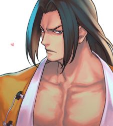 Rule 34 | 1boy, black hair, chinese clothes, closed mouth, collarbone, commentary, english commentary, fatal fury, garou: mark of the wolves, gato (snk), grey eyes, heart, highres, ktovhinao, long hair, looking at viewer, male focus, pectoral cleavage, pectorals, serious, simple background, solo, the king of fighters, the king of fighters xv, upper body, white background