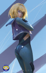 Rule 34 | 10s, 1girl, :o, artist name, ass, black gloves, blonde hair, blue background, blue eyes, bodysuit, from behind, gloves, heavy object, highres, looking at viewer, looking back, milinda brantini, parted lips, purple vest, sailor collar, short hair, simple background, solo, standing, tiara, vest, wlop