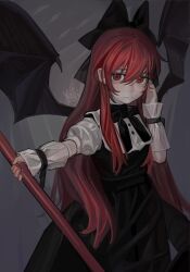Rule 34 | 1girl, artist name, bat wings, black bow, black dress, black ribbon, bow, closed mouth, cowboy shot, dress, grey background, hair between eyes, hair bow, hand up, highres, holding, holding stick, juliet sleeves, kofi-mo, long hair, long sleeves, looking at viewer, neck ribbon, original, outstretched arm, puffy sleeves, red eyes, red hair, ribbon, shirt, signature, solo, stick, white shirt, wings