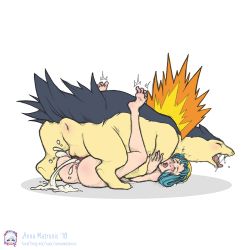 Rule 34 | anus, bestiality, blue hair, blush, closed eyes, creatures (company), cum, cum in pussy, game freak, gen 2 pokemon, interspecies, kris (pokemon), mating press, nintendo, orgasm, pokemon, pokemon (creature), pokemon gsc, pussy, typhlosion
