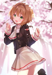 Rule 34 | 1girl, :d, absurdres, antenna hair, blurry, blurry background, blush, buttons, cardcaptor sakura, cherry blossoms, clear card, day, depth of field, double-breasted, emblem, frilled skirt, frills, green eyes, hair intakes, highres, holding, jacket, jimmy madomagi, kinomoto sakura, leg up, light brown hair, long sleeves, looking at viewer, open mouth, outdoors, petals, school uniform, shoes, short hair, skirt, smile, solo, standing, standing on one leg, tomoeda elementary school uniform, tree, white legwear, white neckwear, white skirt, wing collar