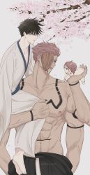 Rule 34 | 3boys, abs, age difference, arm tattoo, baby, black hair, blush, carrying, carrying person, cherry blossoms, chest tattoo, extra arms, extra eyes, family, father and son, feet, fushiguro megumi, green eyes, height difference, highres, if they mated, japanese clothes, jujutsu kaisen, kimono, large pectorals, looking at another, multiple boys, muscular, muscular male, navel, nipples, pectorals, pemulungroti, pink hair, ryoumen sukuna (jujutsu kaisen), short hair, shoulder tattoo, size difference, smile, tattoo, topless male, yaoi