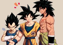 Rule 34 | +++, 3boys, puff of air, ^ ^, abs, arm at side, beige background, black eyes, black hair, broly (dragon ball super), closed eyes, clothes around waist, clothes writing, crossed arms, dougi, dragon ball, dragon ball super, dragon ball super broly, closed eyes, scar on face, frown, gloves, highres, light smile, looking at another, looking down, male focus, mattari illust, multiple boys, nipples, open mouth, outstretched arms, profile, purple legwear, scar, scar on arm, scar on cheek, scar on chest, scar on face, serious, topless male, sigh, simple background, smile, son goku, spiked hair, standing, teeth, twitter username, upper body, upper teeth only, vegeta, waist cape, white gloves, wristband