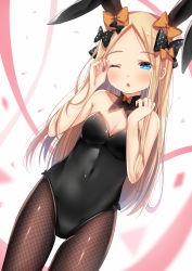 Rule 34 | 1girl, abigail williams (fate), animal ears, black bow, black leotard, blonde hair, blue eyes, blush, bow, breasts, chestnut mouth, covered navel, detached collar, fake animal ears, fate/grand order, fate (series), fishnet pantyhose, fishnets, forehead, hair bow, highleg, highleg leotard, leotard, lokyin house, long hair, looking at viewer, multiple bows, one eye closed, open mouth, orange bow, pantyhose, parted bangs, playboy bunny, polka dot, polka dot bow, rabbit ears, small breasts, solo, strapless, strapless leotard, thighs