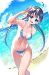 Rule 34 | 1girl, absurdres, ahoge, arm behind back, arm up, bare arms, bare legs, beach, bikini, black hair, blue bikini, blue eyes, blue sky, breasts, cleavage, cloud, collarbone, commentary request, day, gluteal fold, halterneck, highres, horizon, kimi (hearty yuuki), long hair, looking at viewer, medium breasts, navel, ocean, open mouth, original, outdoors, sidelocks, sky, smile, solo, standing, string bikini, swimsuit, teeth, twintails, upper teeth only