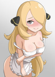 Rule 34 | 1girl, apron, arm under breasts, blonde hair, blush, breasts, cleavage, closed mouth, creatures (company), cynthia (pokemon), game freak, grey background, grey eyes, hair ornament, hair over one eye, heart, heart-shaped pupils, highres, large breasts, long hair, looking at viewer, naked apron, nintendo, pokemon, pokemon dppt, ppmmkoko360, smile, solo, strap slip, symbol-shaped pupils, very long hair, wavy mouth