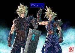 Rule 34 | 1boy, armor, baggy pants, belt, black pants, black shirt, blonde hair, blue eyes, blue shirt, brown belt, brown gloves, buster sword, closed mouth, cloud strife, commentary, dated, dual persona, dzoho, english commentary, english text, final fantasy, final fantasy vii, final fantasy vii remake, gloves, highres, holding, holding sword, holding weapon, huge weapon, leather, leather gloves, male focus, multiple belts, pants, ribbed shirt, shirt, short sleeves, shoulder armor, single shoulder pad, speech bubble, spiked hair, studded gloves, suspenders, sword, weapon
