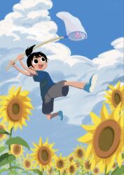 Rule 34 | 1boy, 1nternets0ekak1, black eyes, black hair, blue shirt, blue sky, bug, butterfly, butterfly net, character request, cloud, day, flower, grey shorts, hand net, highres, insect, male focus, natsumon!, open mouth, outdoors, ponytail, shirt, shoes, shorts, sky, solo, sunflower
