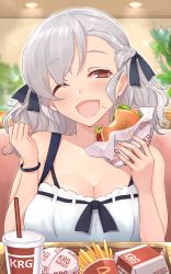 Rule 34 | 1girl, alternate costume, asymmetrical bangs, bag of chips, bare shoulders, black ribbon, blurry, breasts, burger, casual, chips (food), collarbone, depth of field, food, girls&#039; frontline, half-closed eyes, head tilt, highres, indoors, large breasts, looking to the side, one eye closed, open mouth, plant, potato chips, pov across table, ribbon, silver hair, sitting, solo, sparkle, spas-12 (girls&#039; frontline), table, tongue, upper body, yu 416416