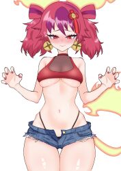 Rule 34 | 1girl, absurdres, alternate costume, bare shoulders, breasts, denim, denim shorts, duel monster, ear bell, fiery tail, ha-re the sword mikanko, hands up, highres, multicolored hair, navel, oldsickkim, paw pose, purple hair, red hair, short shorts, shorts, solo, stomach, streaked hair, tail, twintails, underboob, yu-gi-oh!