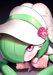 Rule 34 | 1girl, ass, blush, bonnet, breasts, c-low, colored skin, creatures (company), female focus, game freak, gardevoir, gen 3 pokemon, large areolae, looking at viewer, lying, motion lines, nintendo, nipples, no humans, on stomach, pokemon, pokemon (creature), pokemon unite, purple eyes, shiny skin, solo, steam, sweat, white skin