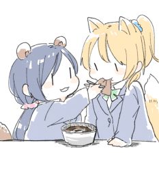 Rule 34 | 2girls, :3, :t, aburaage, animal ears, arm support, ayase eli, bad id, bad pixiv id, blazer, blonde hair, blue jacket, blue scrunchie, blush stickers, chibi, chopsticks, doma (domani), eating, eye contact, food, food in mouth, fox ears, fox tail, from side, green ribbon, hair ornament, hair scrunchie, hand up, holding, holding chopsticks, jacket, kemono friends, kemonomimi mode, kitsune udon, long hair, long sleeves, looking at another, love live!, love live! school idol project, low twintails, multiple girls, neck ribbon, noodles, otonokizaka school uniform, pink scrunchie, ponytail, purple hair, raccoon ears, raccoon tail, ribbon, school uniform, scrunchie, simple background, tail, tojo nozomi, twintails, udon, upper body, white background, | |