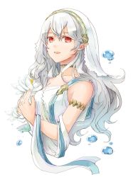 Rule 34 | 1girl, armlet, corrin (female) (fire emblem), corrin (fire emblem), fire emblem, fire emblem fates, fire emblem heroes, flower, nintendo, open mouth, pointy ears, red eyes, robaco, simple background, solo, twitter username, upper body, veil, white background