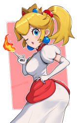 Rule 34 | 1girl, absurdres, alternate color, artist name, ass, blonde hair, blue brooch, blue eyes, breasts, brooch, crown, dress, earrings, elbow gloves, fire, fire peach, gloves, gonzarez, hand on own hip, highres, index finger raised, jewelry, mario (series), medium breasts, nintendo, one eye closed, parted lips, ponytail, princess peach, puffy short sleeves, puffy sleeves, short sleeves, solo, sphere earrings, super mario 3d world, twitter username, white dress